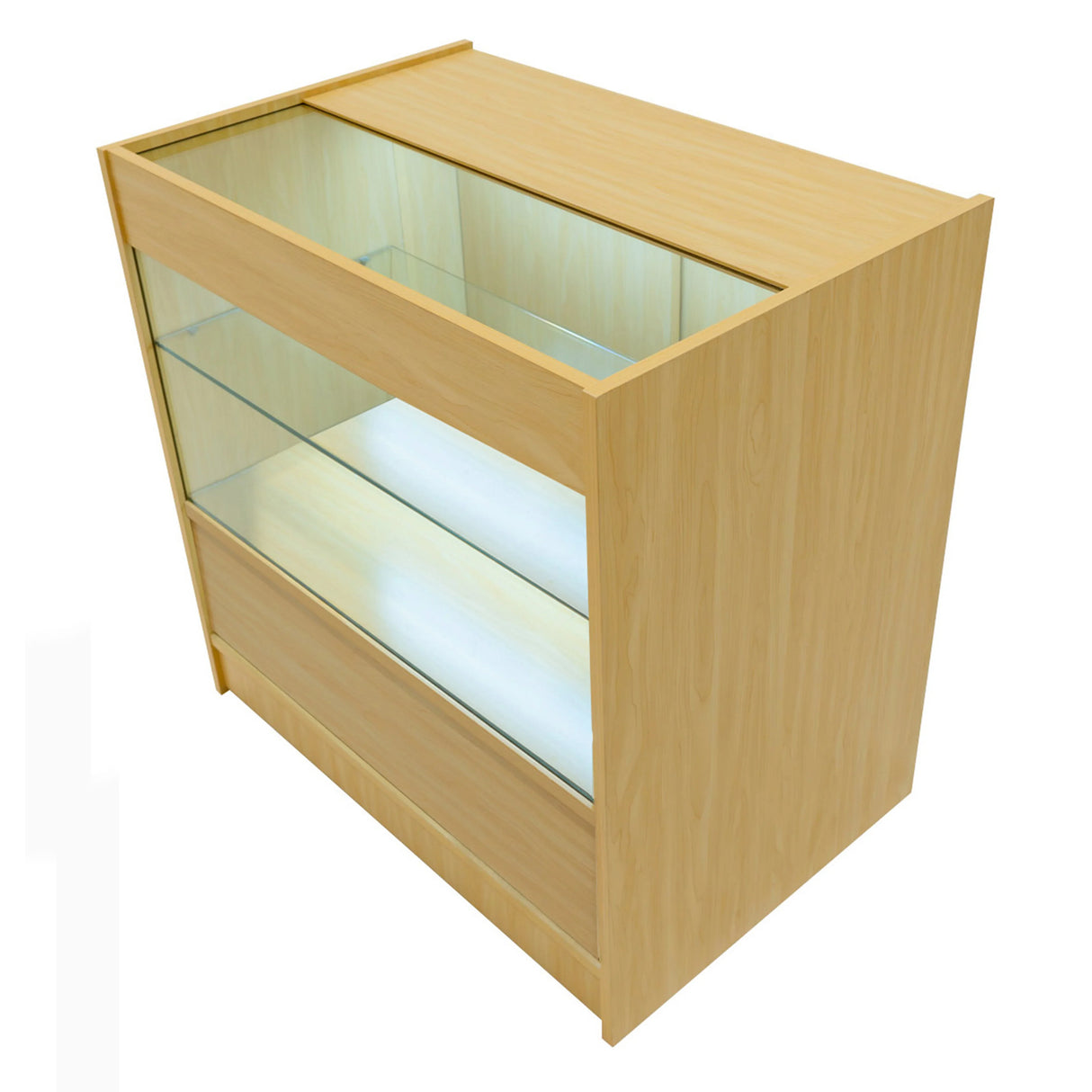 Maple LED shop counter set featuring a sleek design, glass shelves, and a lighted display area for showcasing products