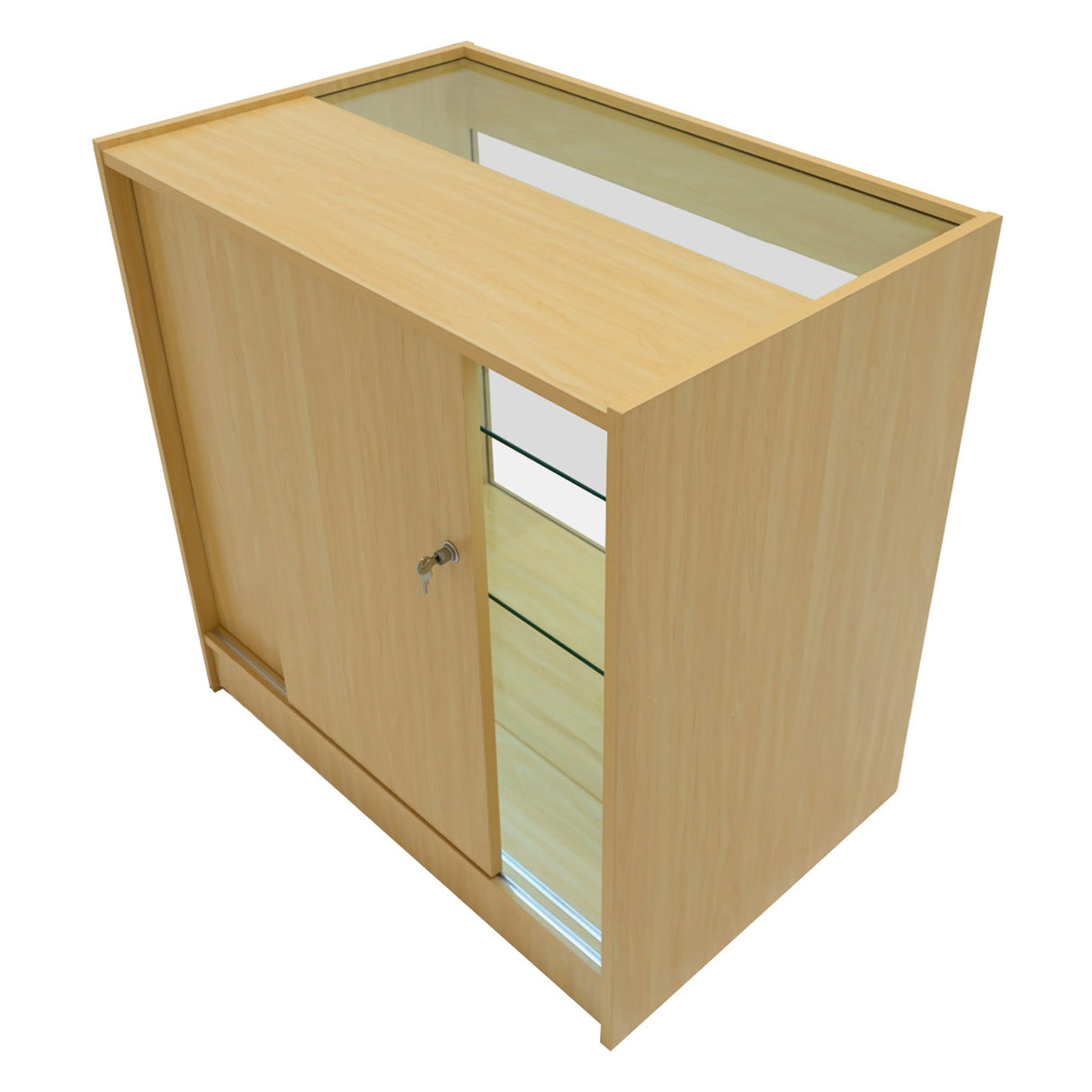 Triton LED shop counter set in maple finish, featuring a sleek design, glass display top, and a secure sliding door for storage