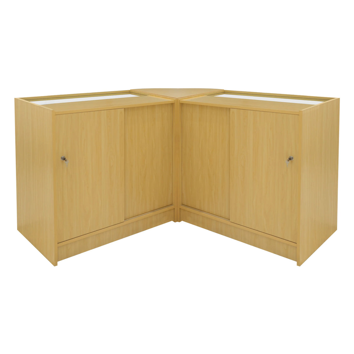Triton LED Shop Counter Set in maple finish, featuring a sleek corner design with smooth surfaces and sliding doors for storage