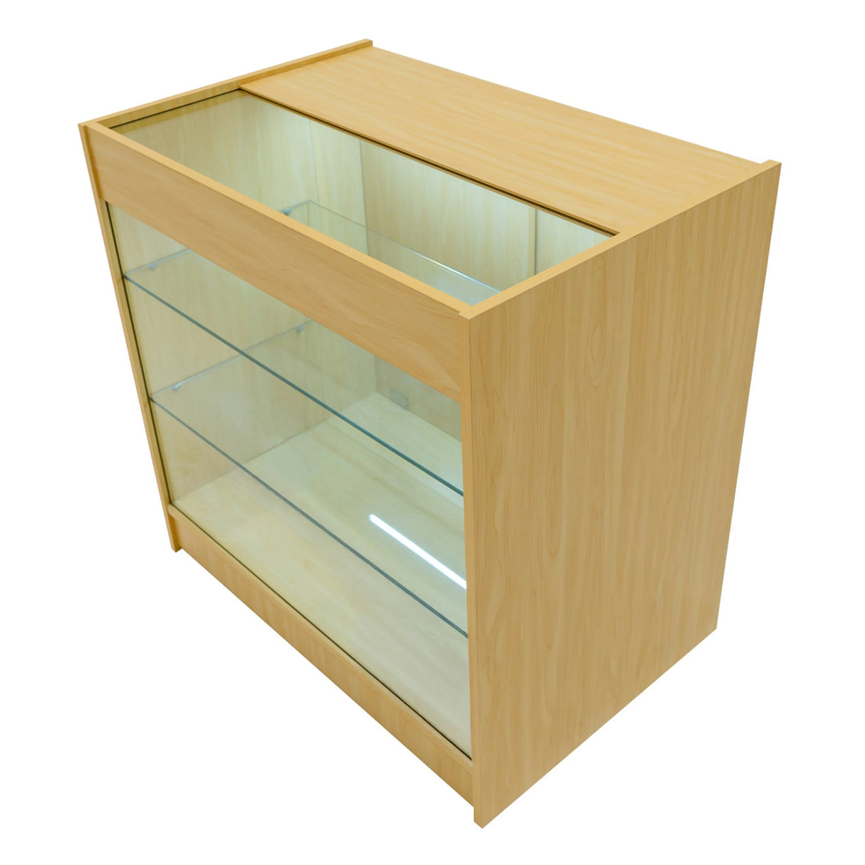 Triton LED Shop Counter Set in maple finish, featuring a sleek design with glass shelves and LED lighting for display purposes