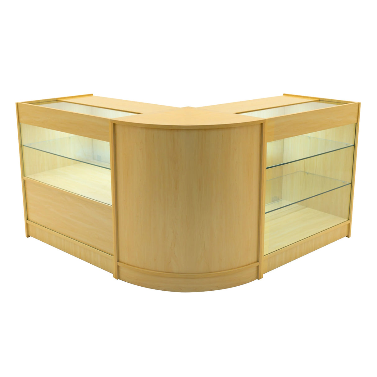 Hera LED Shop Counter Set in maple finish, featuring curved design, glass shelves, and integrated lighting for display purposes