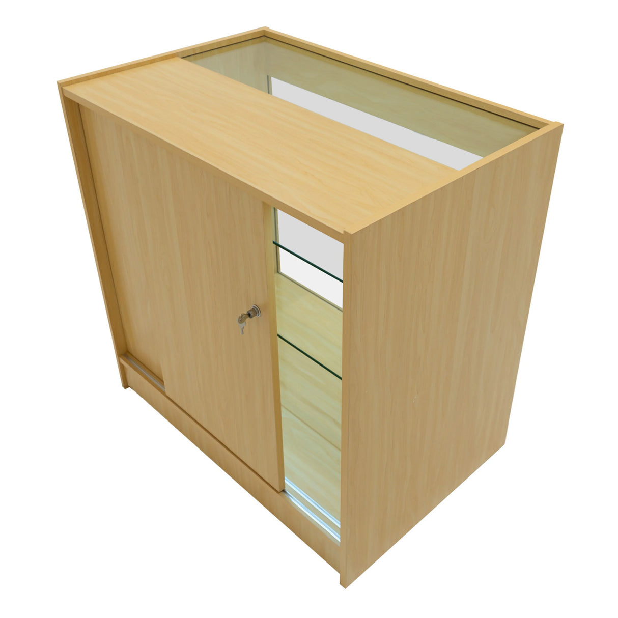 Hera LED Shop Counter Set in maple finish, featuring a sleek design, glass top, sliding door, and interior shelving for display