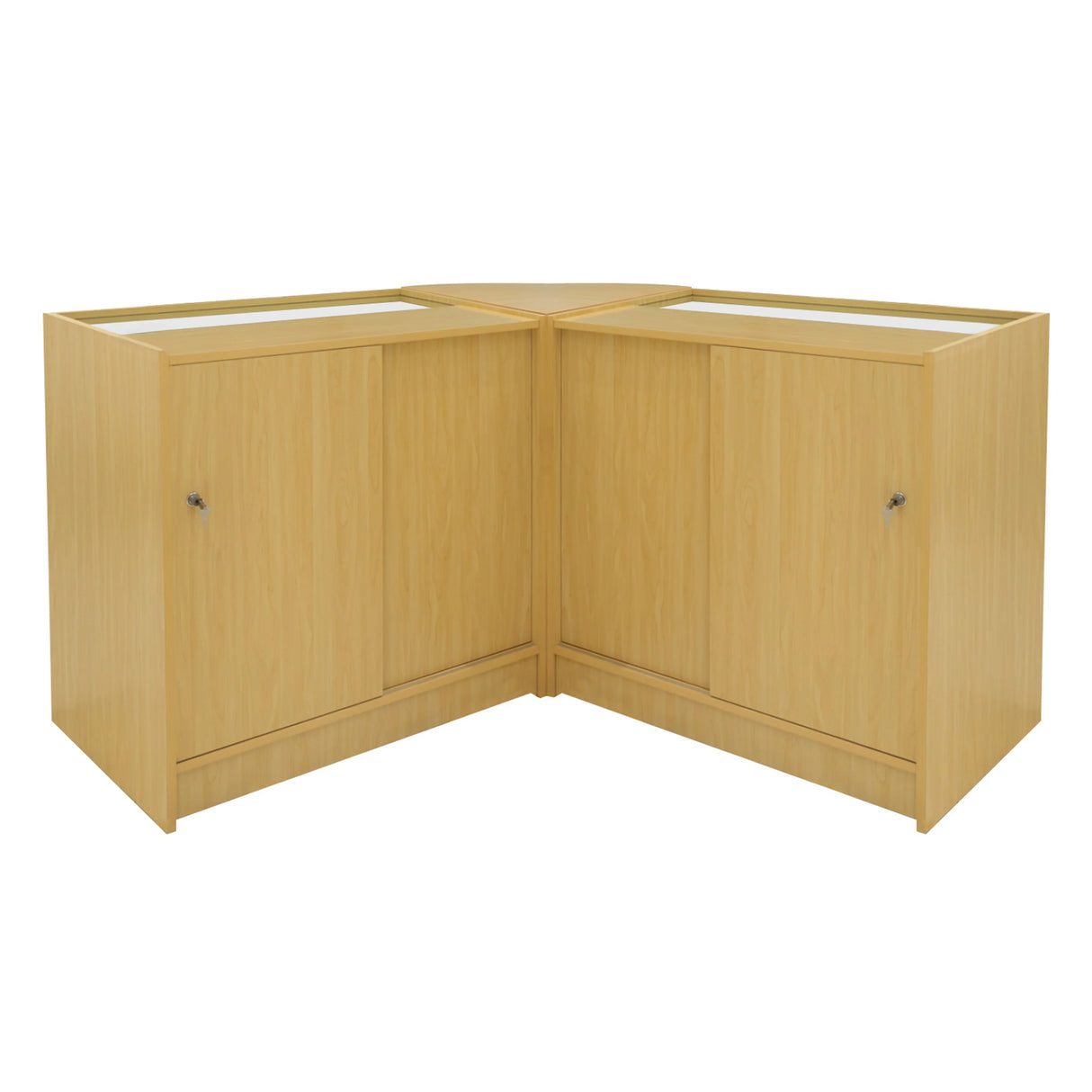 Hera LED Shop Counter Set K900, C900 & CM60 in maple finish, featuring sleek design, glass display tops, and ample storage space