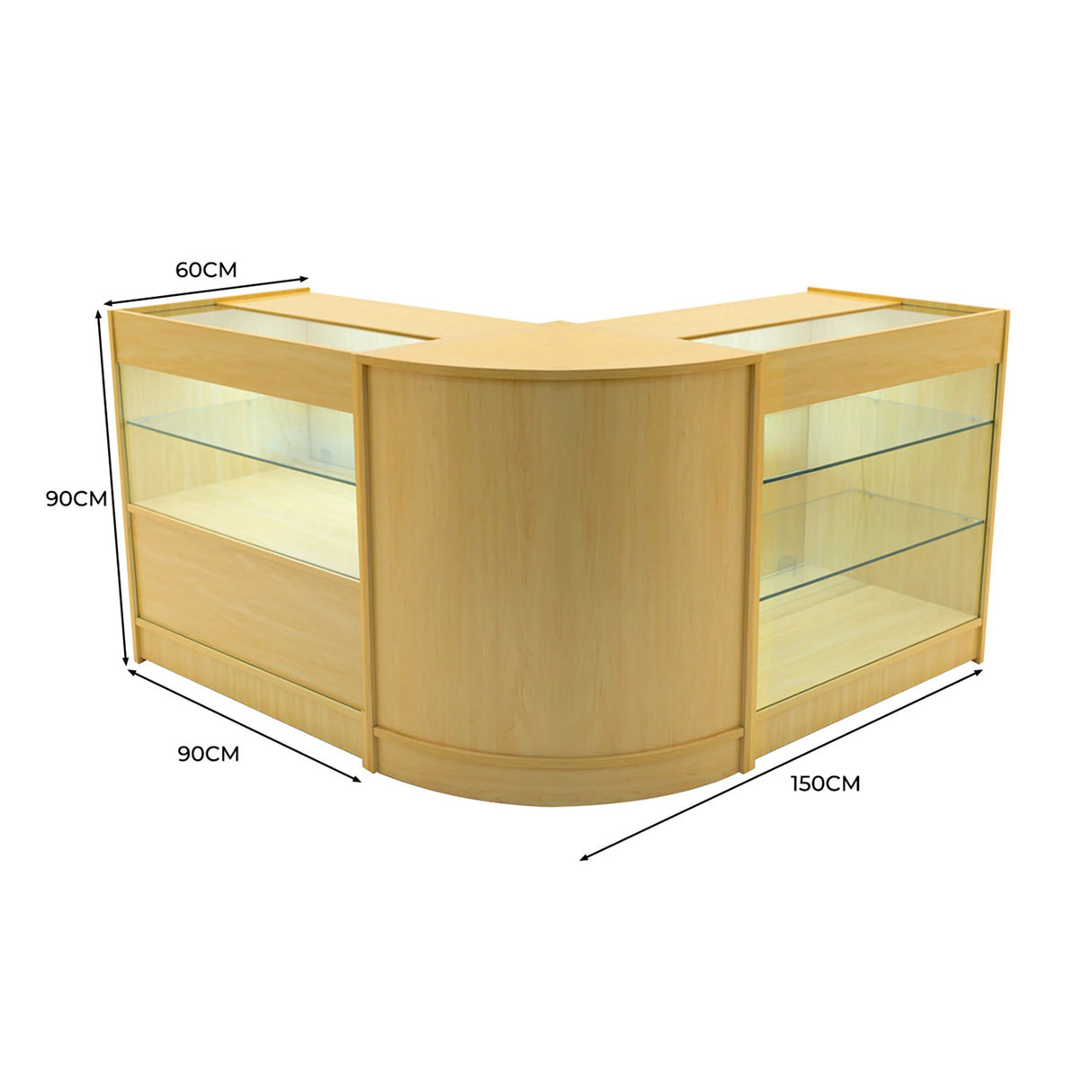 Hera LED Shop Counter Set in maple finish, featuring a curved design, glass shelves, and dimensions of 150cm x 90cm x 60cm