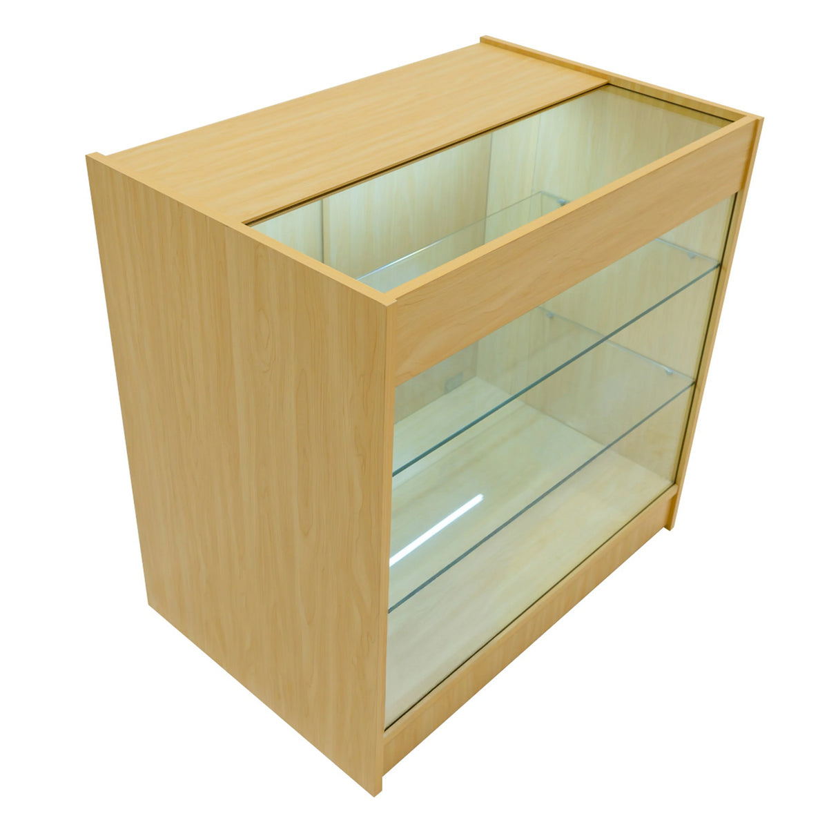 Hera LED Shop Counter Set in maple finish, featuring a glass display top and shelves, ideal for showcasing products elegantly