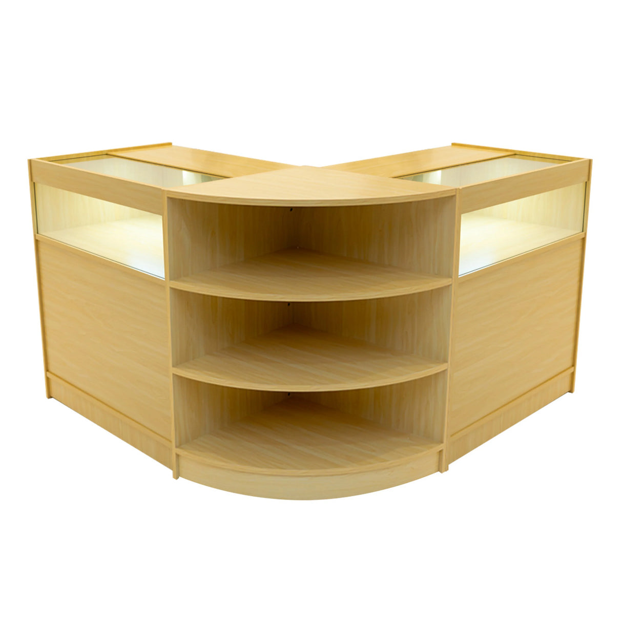 Theseus LED shop counter set in maple features a modern design with curved edges, glass display tops, and spacious shelving for organization