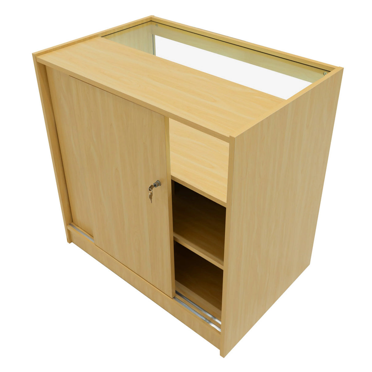 Theseus LED shop counter set in maple finish, featuring a sliding door, open shelves, and a sleek, modern design