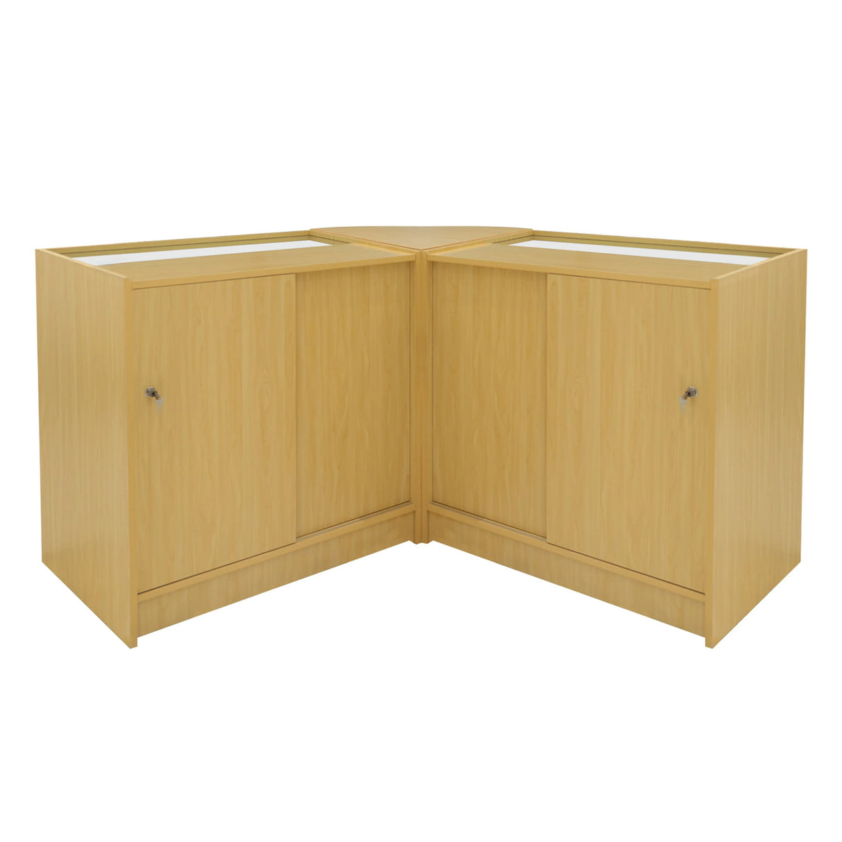 Theseus LED shop counter set in maple finish, featuring two corner cabinets with sleek design and glass display tops for visibility