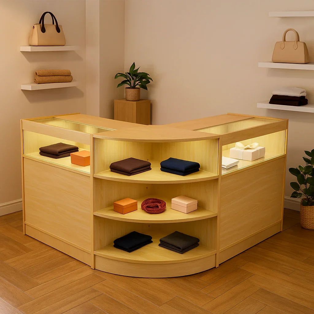 Theseus LED shop counter set in maple with curved design, illuminated shelves displaying folded textiles and accessories
