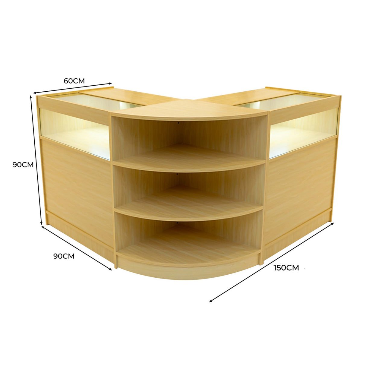 Theseus LED shop counter set in maple, featuring a modern design with curved shelves, glass display tops, and warm lighting
