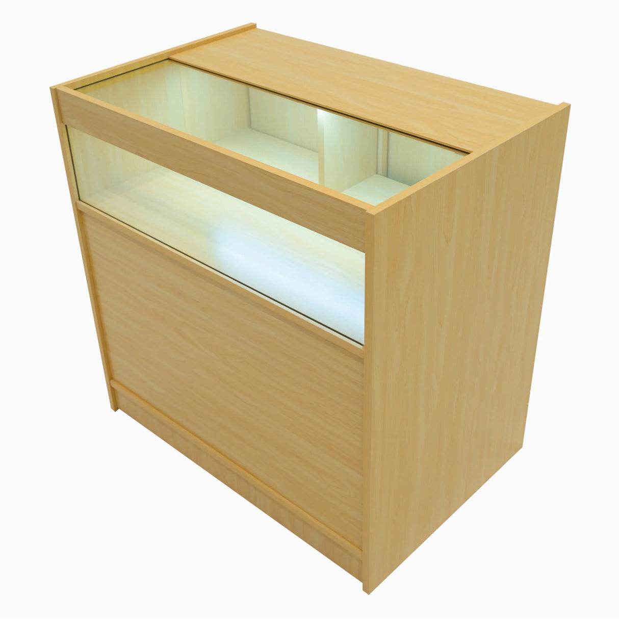 Theseus LED shop counter set in maple wood features a sleek design with a glass display top and illuminated interior for showcasing products