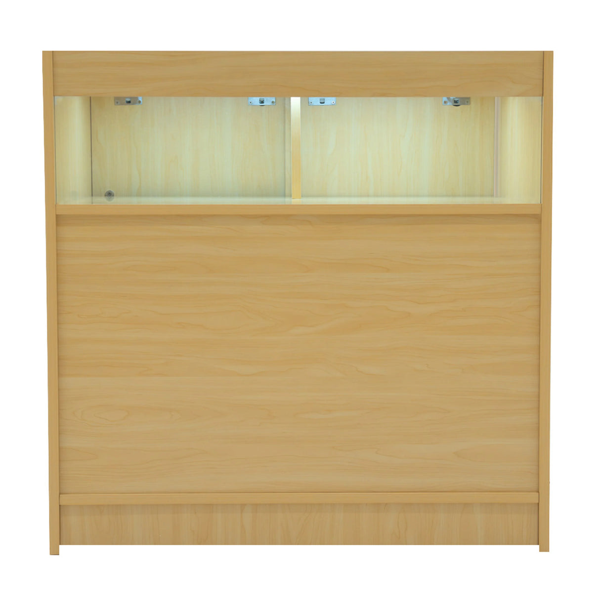 Theseus LED shop counter set in maple wood features a sleek design with illuminated display shelves and a smooth finish