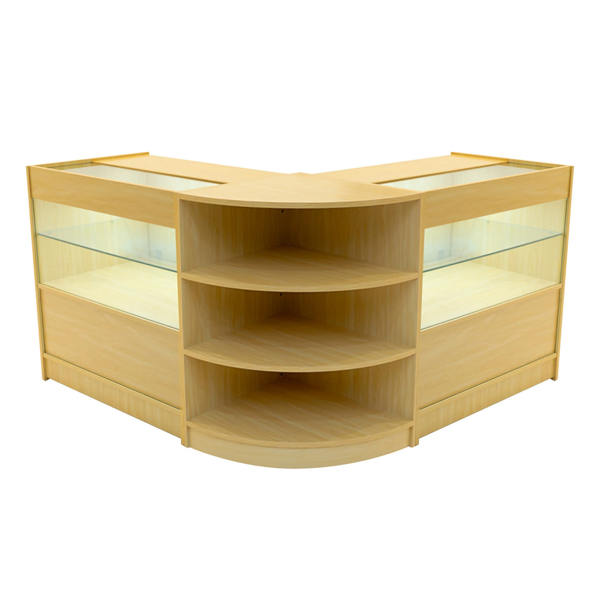 Andromeda LED shop counter set in maple wood, featuring two glass display sections and curved shelving for optimal product visibility