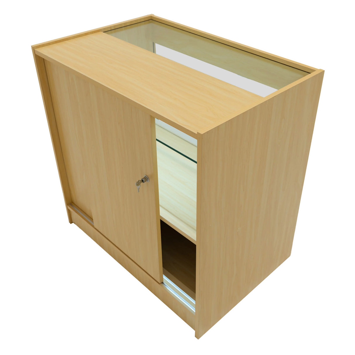 Andromeda LED shop counter set in maple finish, featuring a sleek design, glass top, and a sliding door for storage access