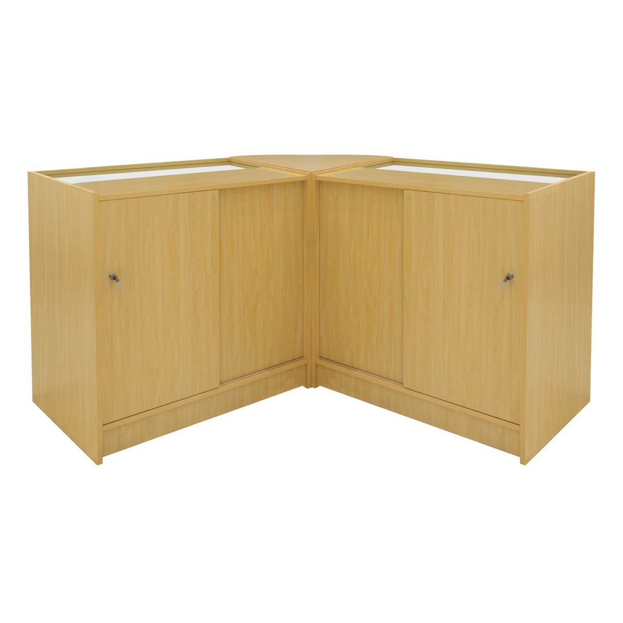 Maple Andromeda LED shop counter set featuring a sleek corner design with smooth surfaces and spacious storage compartments