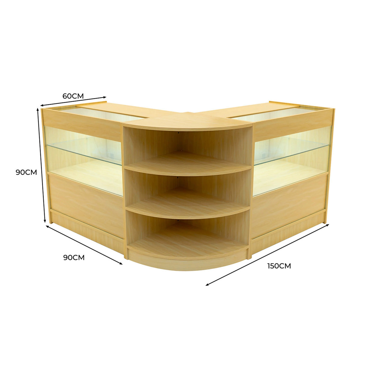 Andromeda LED shop counter set in maple, featuring a curved design, glass display shelves, and ample storage space, ideal for retail use