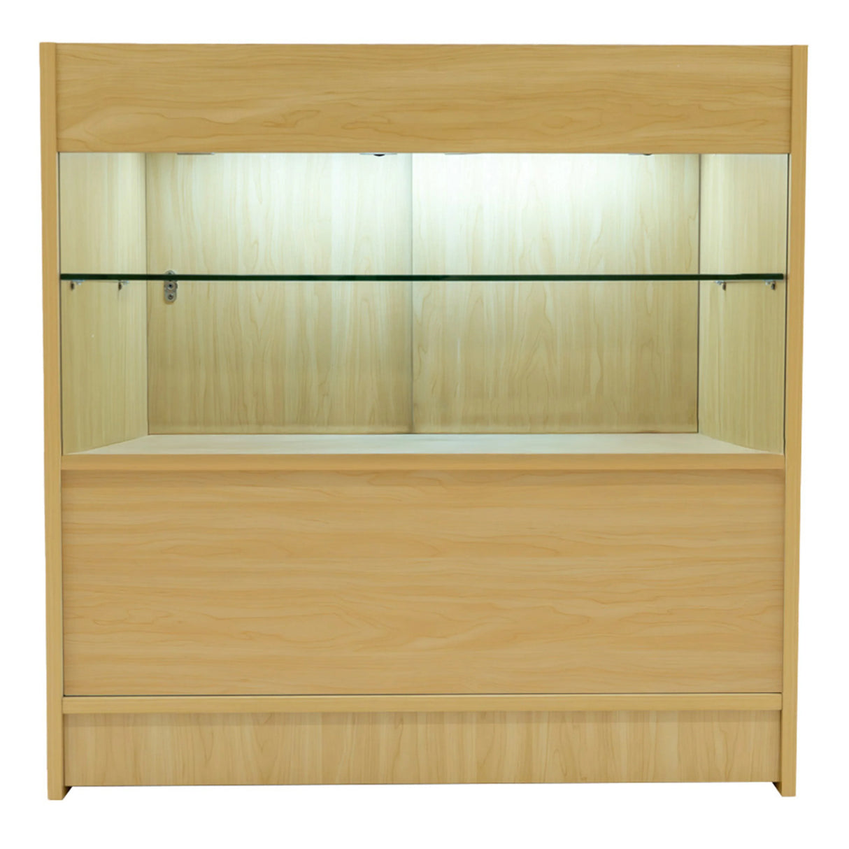 Maple LED shop counter set featuring a sleek design, glass shelf, and warm lighting, ideal for showcasing products in retail spaces