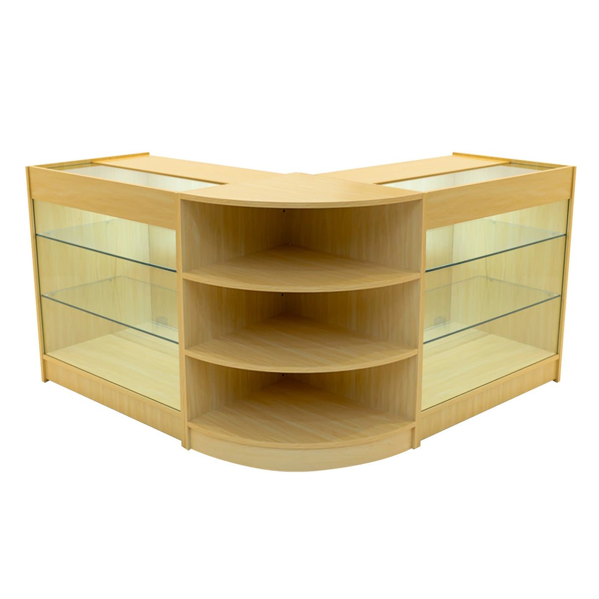 Maple Apollo LED shop counter set featuring a modern design with glass shelves, curved edges, and integrated lighting for display