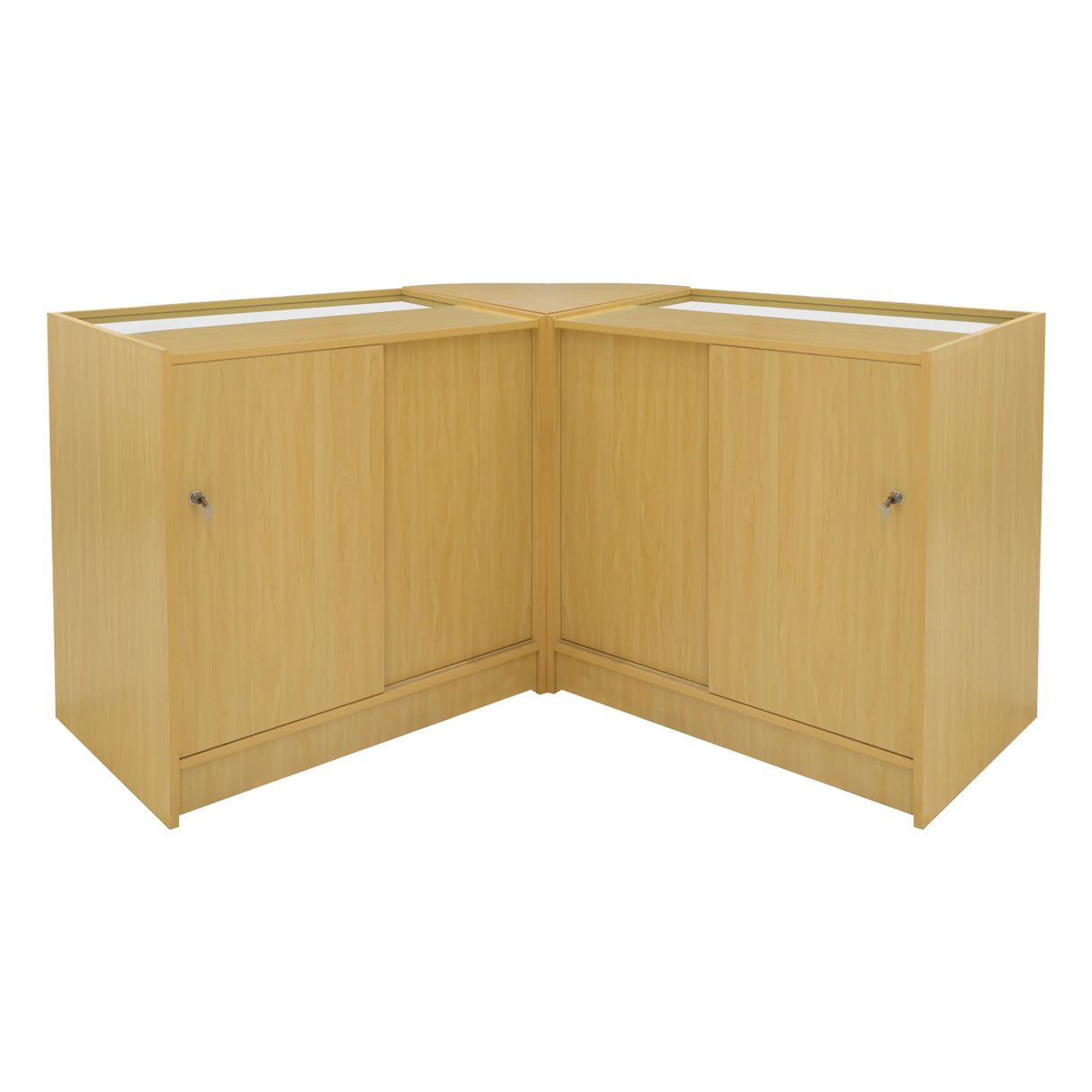 Maple Apollo LED shop counter set featuring two K900 cabinets with sleek design, smooth texture, and glass display tops