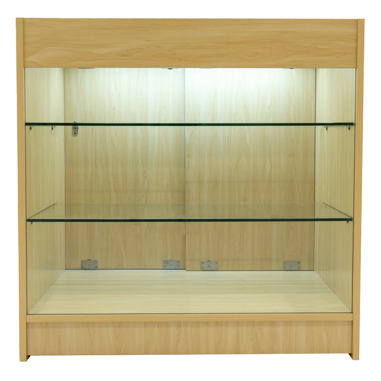 Maple LED shop counter set with two glass shelves, featuring a sleek design and warm wood finish, ideal for retail displays