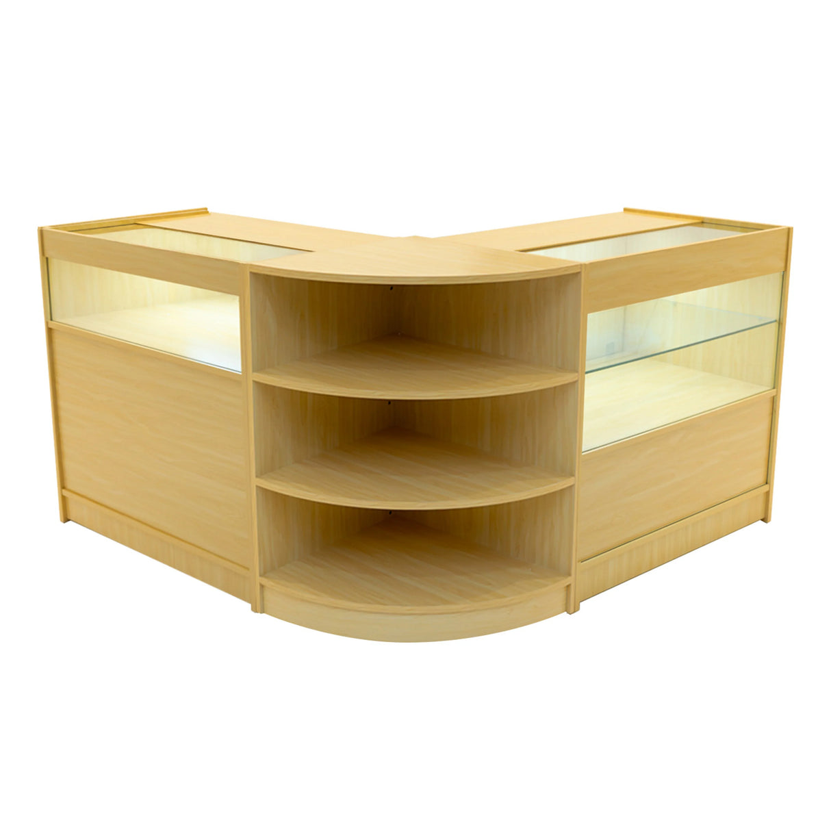 Harmonia LED Shop Counter Set in maple finish features a modern design with glass display sections and curved shelving for optimal visibility