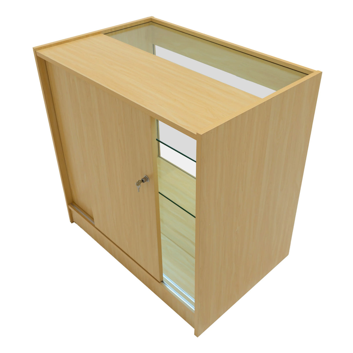 Harmonia LED shop counter set in maple finish, featuring a sleek design, glass display top, and sliding door for easy access