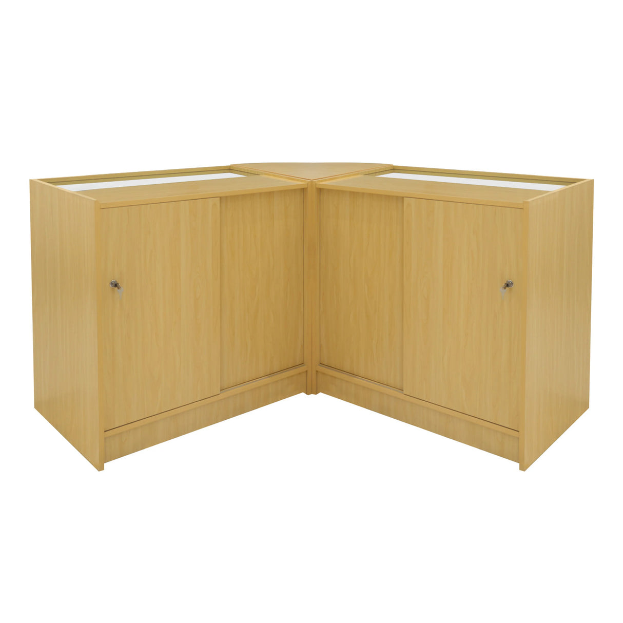 Harmonia LED Shop Counter Set in maple finish, featuring two corner cabinets with glass display tops and sleek, modern design