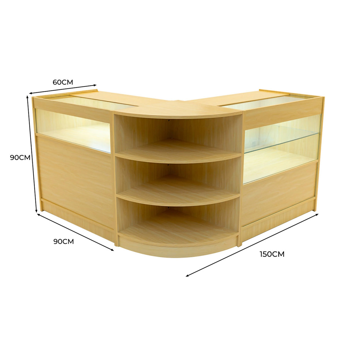 Harmonia LED Shop Counter Set in maple finish, featuring curved design, glass display shelves, and ample storage space, dimensions 150cm x 90cm x 60cm
