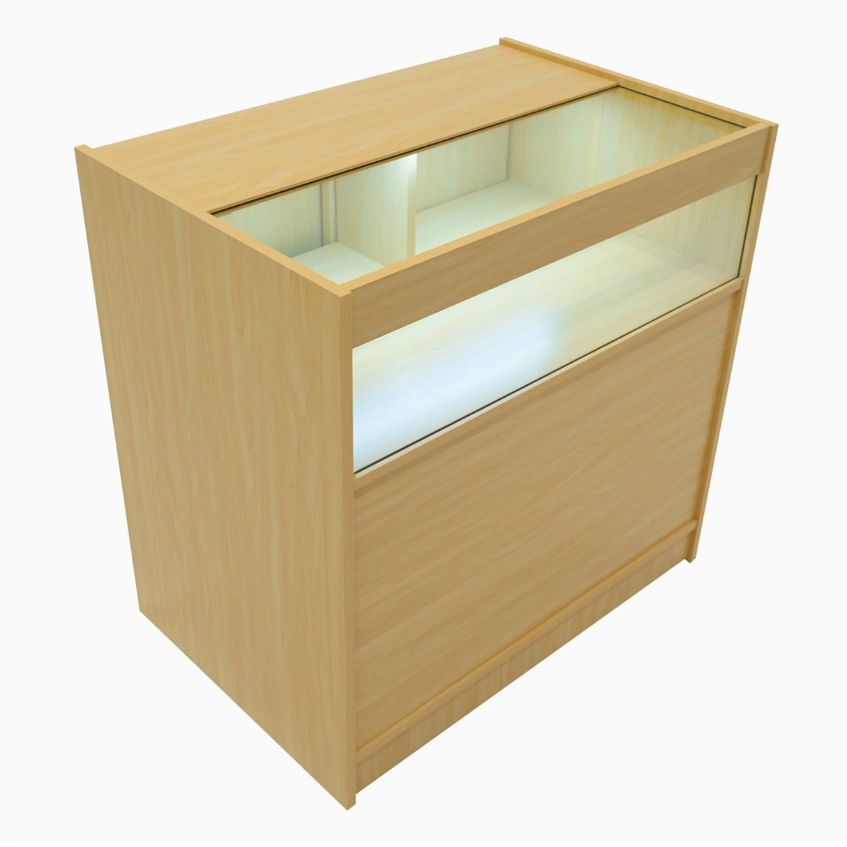 Harmonia LED shop counter set in maple wood, featuring a glass display top and illuminated interior for showcasing products