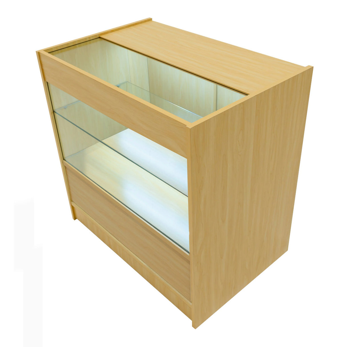 Harmonia LED Shop Counter Set in maple finish, featuring a glass display top, illuminated shelves, and a sleek, modern design