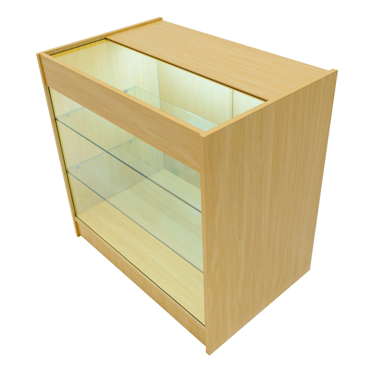 Maple LED shop counter set featuring a sleek design, glass shelves, and a warm wood finish, ideal for retail displays