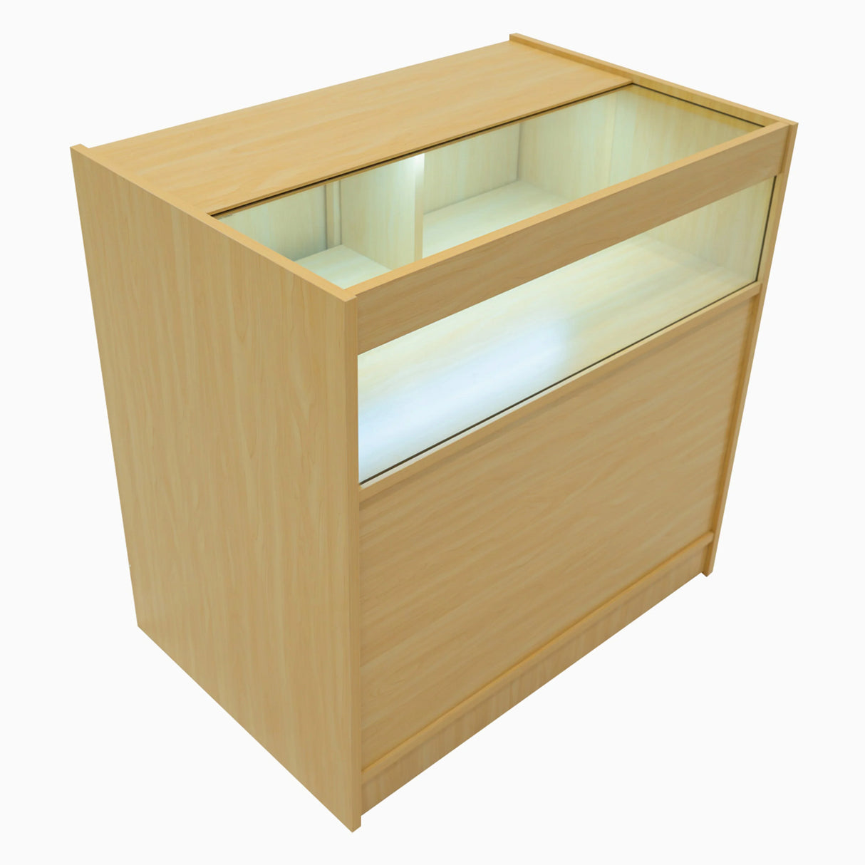 Maple LED shop counter set featuring a sleek design, glass display top, and illuminated interior for showcasing products