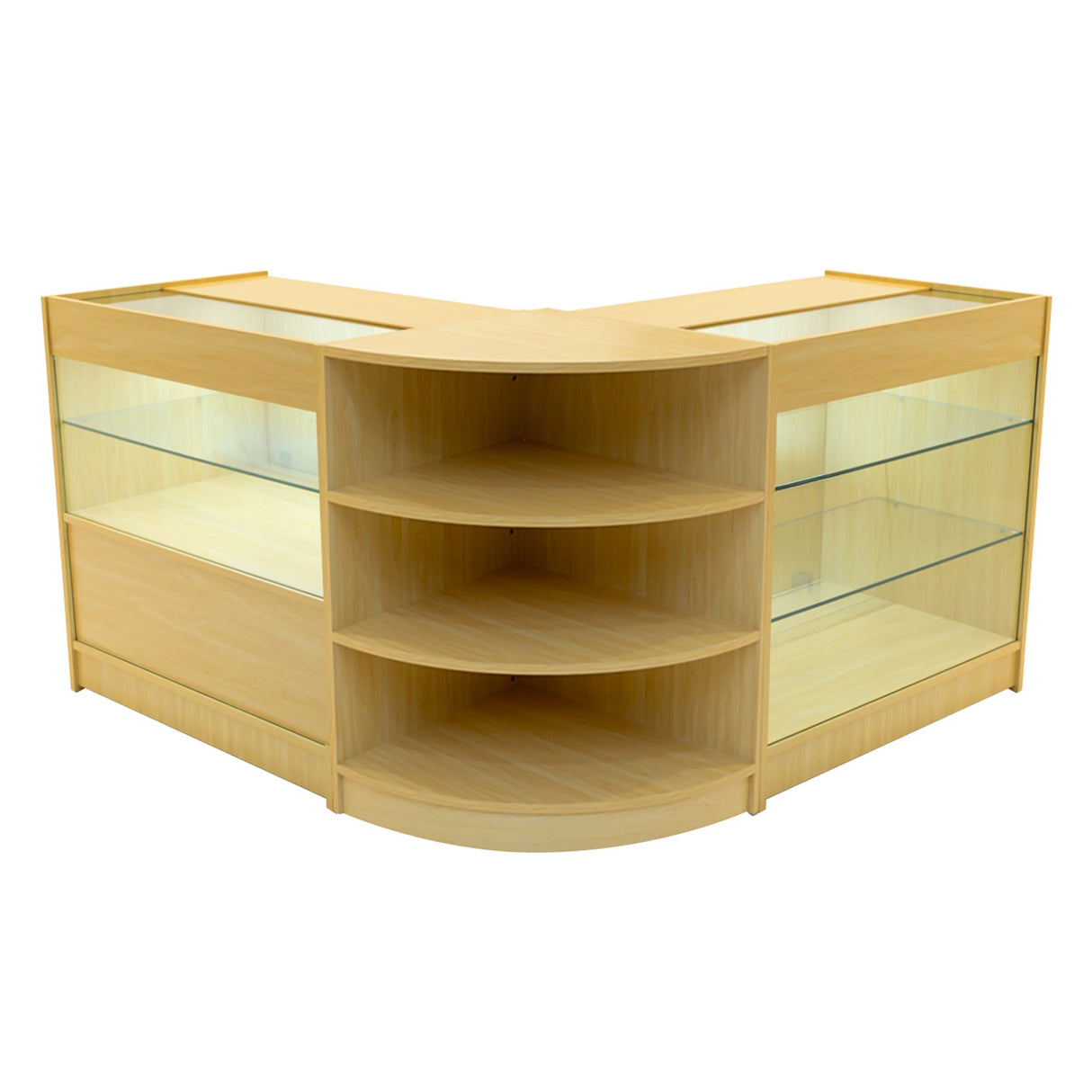 Maple LED shop counter set featuring a modern design with glass display shelves and a sleek, curved shape for retail spaces
