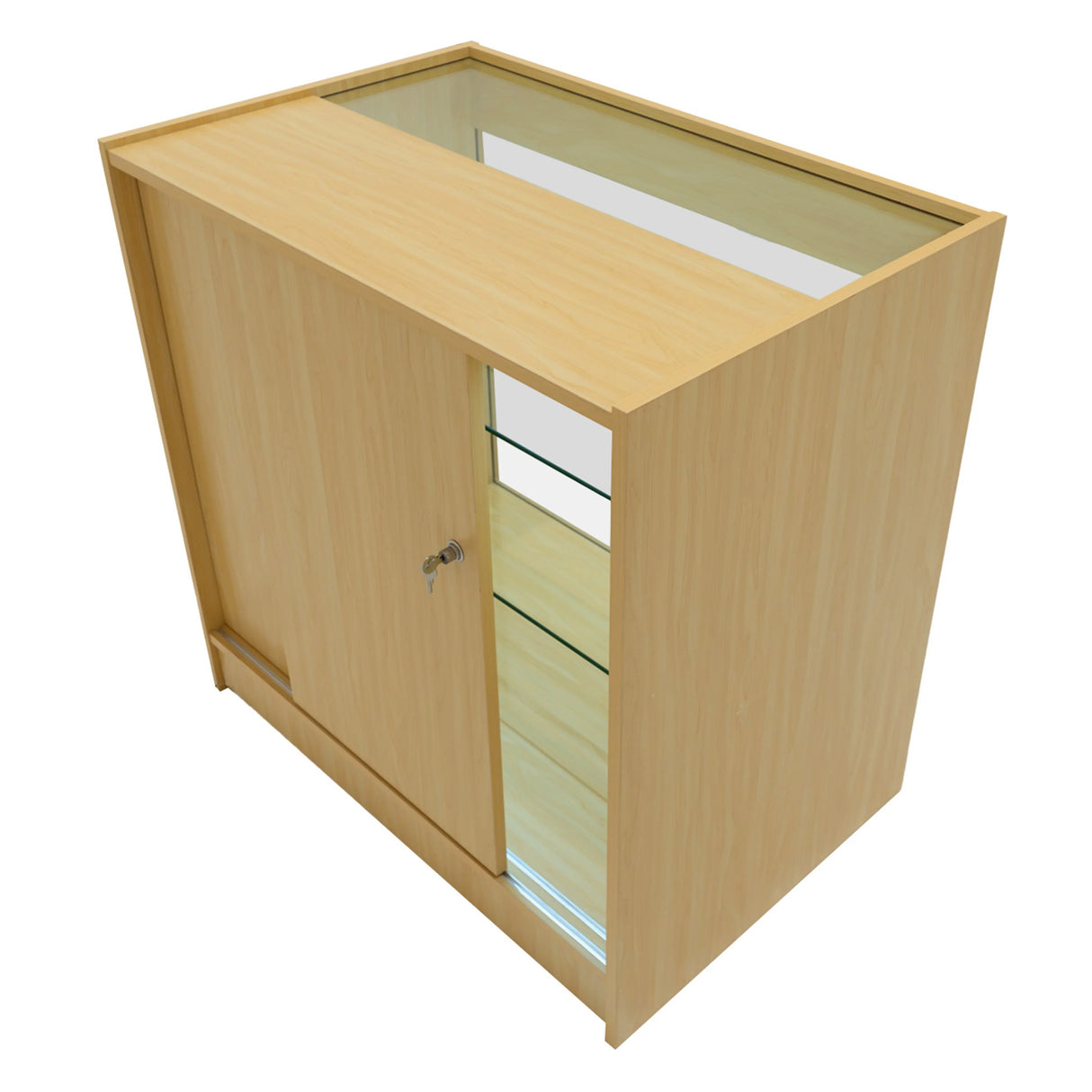 Maple LED shop counter set featuring a sleek design, glass top, sliding door, and interior shelves for organized display