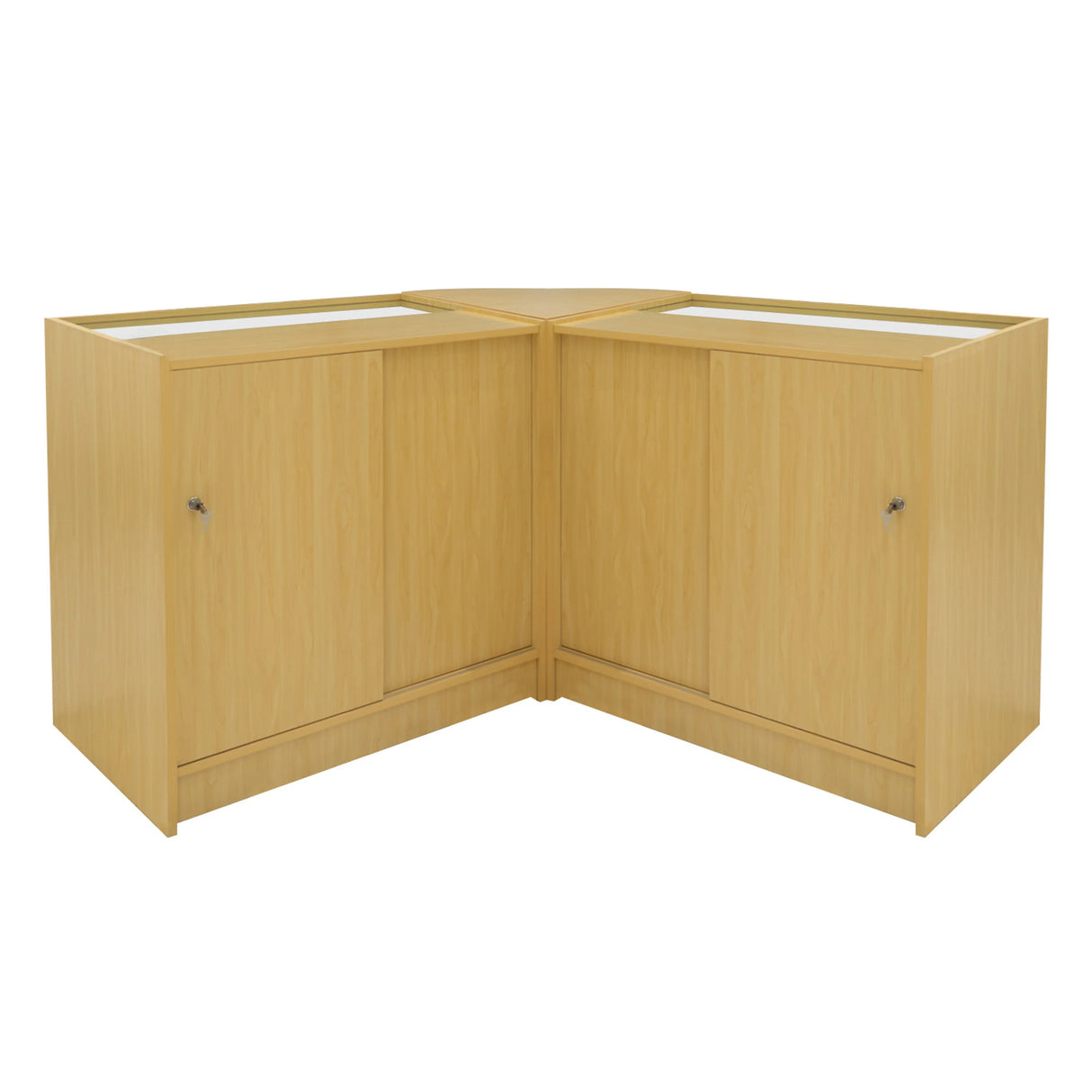 Maple LED shop counter set featuring a sleek, modern design with glass display tops and spacious storage cabinets in a corner configuration