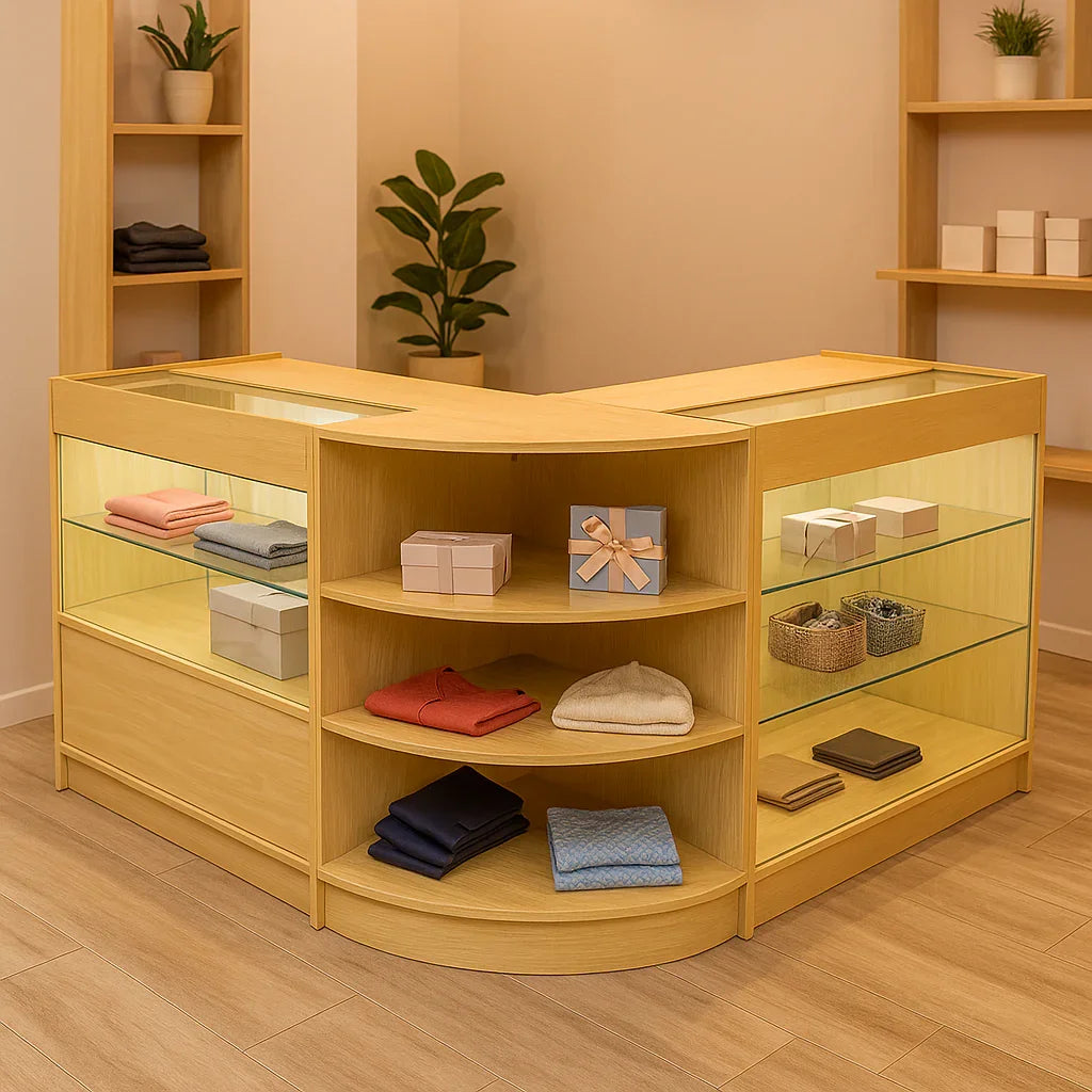 Maple Calliope LED shop counter set featuring glass shelves, soft lighting, and neatly arranged textiles in a modern retail space