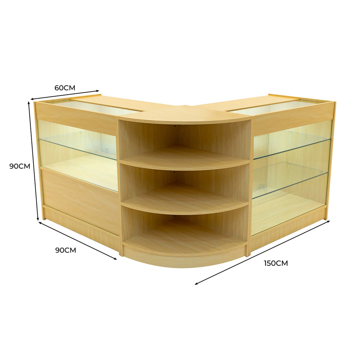 Maple Calliope LED shop counter set featuring curved design, glass shelves, and ample display space, dimensions 150cm x 90cm x 60cm