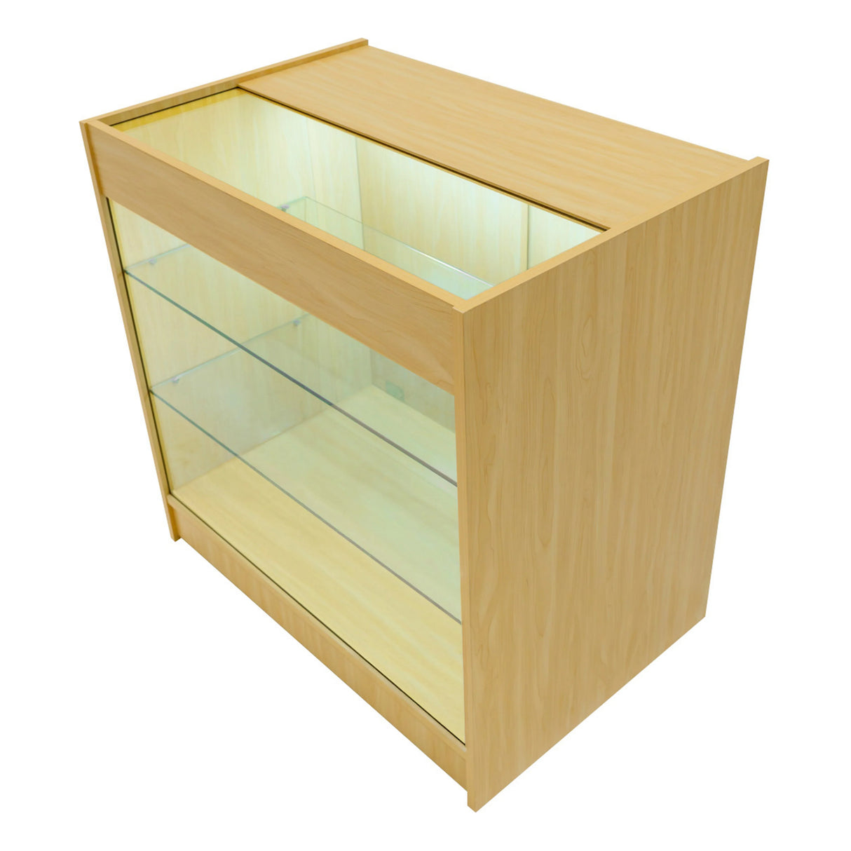 Maple LED shop counter set featuring a sleek design, glass shelves, and warm lighting, perfect for showcasing products