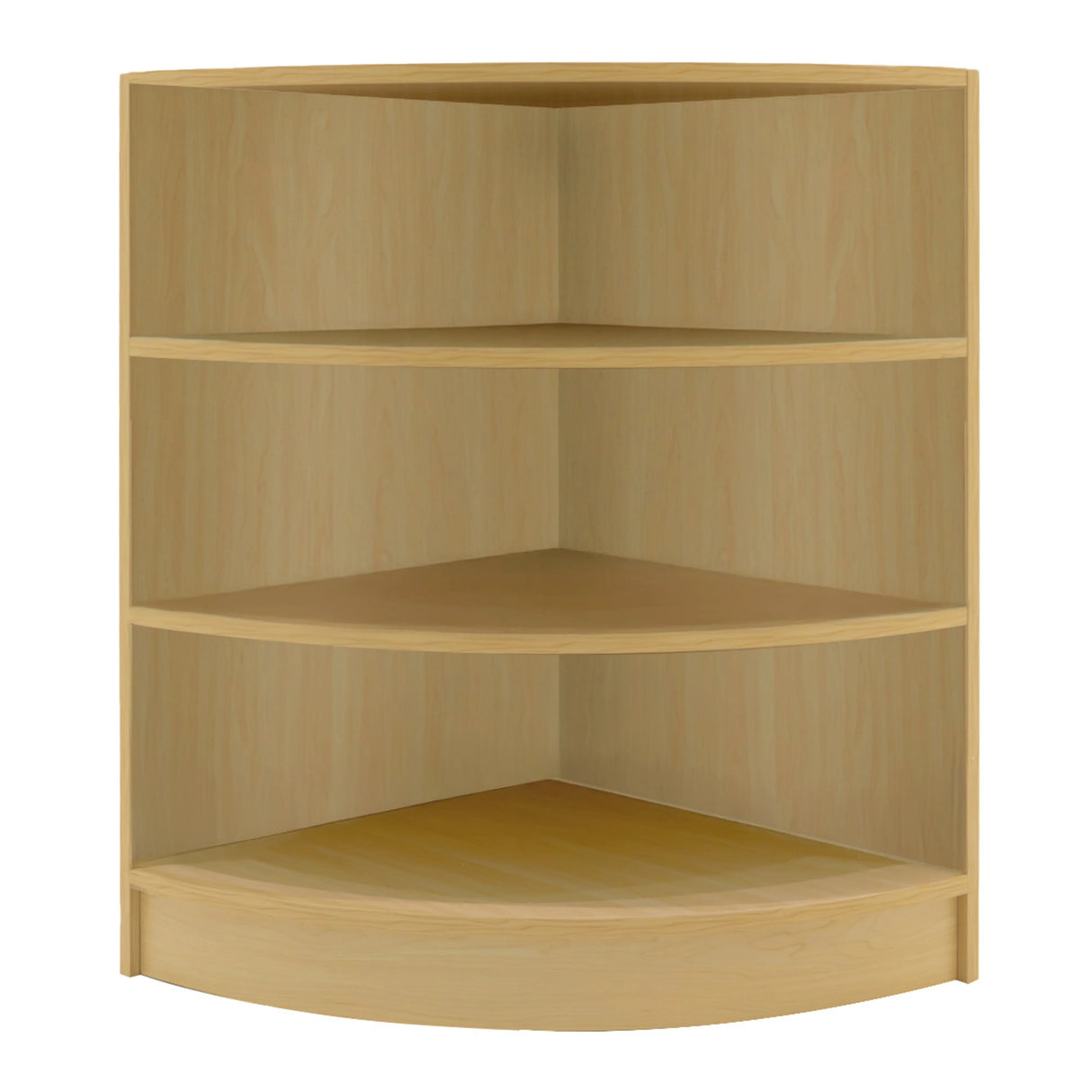 Maple corner display counter set featuring smooth surfaces, four spacious shelves, and a modern design for retail spaces