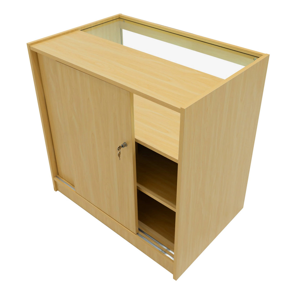 Luna LED Shop Counter Set in maple finish, featuring a sleek design with sliding doors, glass top, and spacious interior shelves