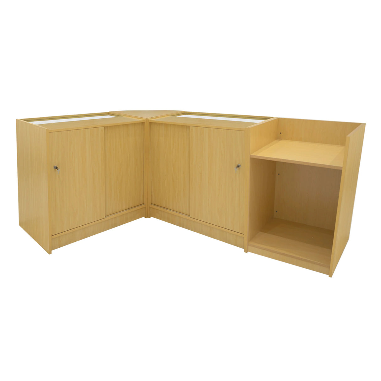 Luna LED Shop Counter Set in maple finish, featuring a modern design with two cabinets, open shelf, and sleek lines for retail display