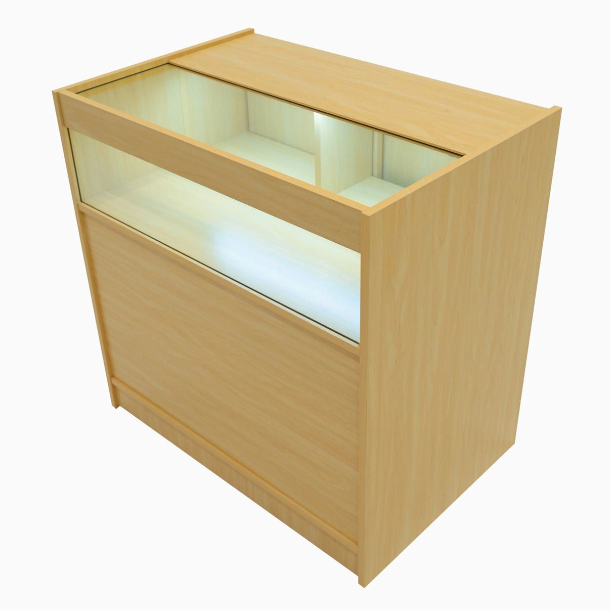 Luna LED Shop Counter Set in maple finish features a sleek design, glass display top, and illuminated interior for showcasing products