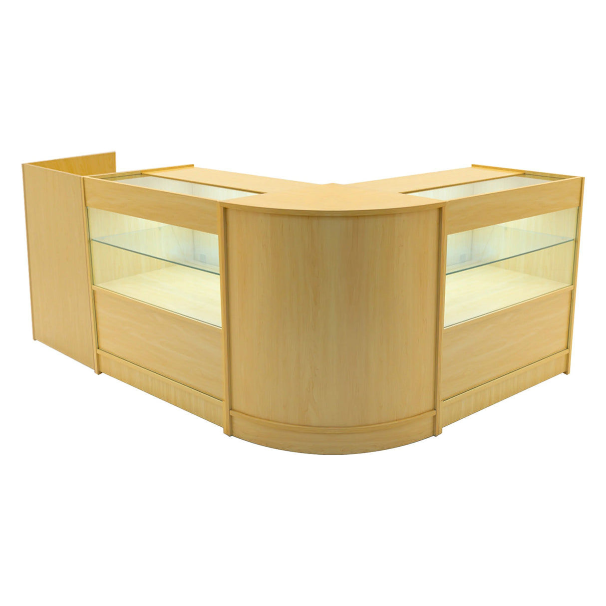 Phoenix LED Shop Counter Set in maple finish, featuring curved design, glass display sections, and sleek modern aesthetics