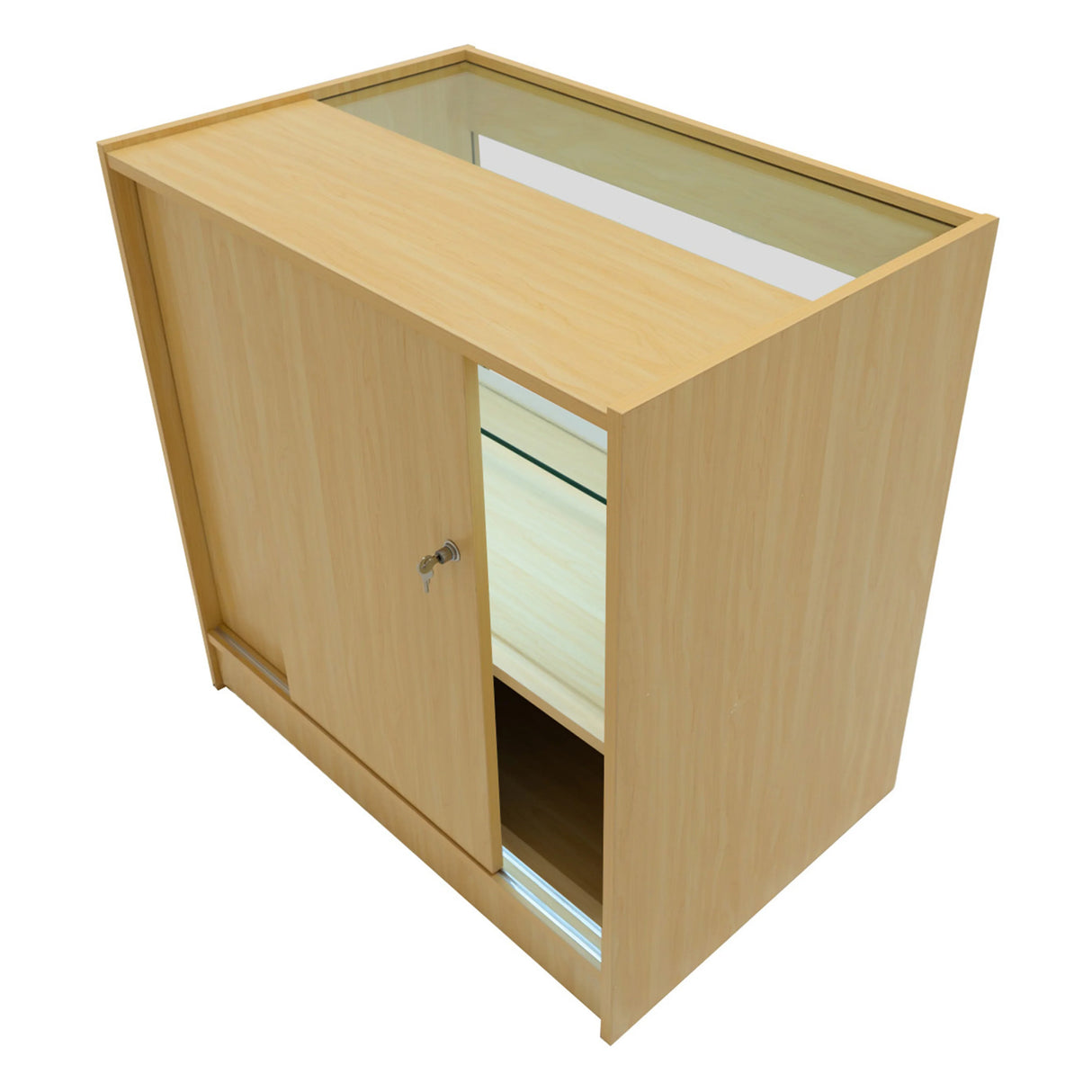 Phoenix LED Shop Counter Set in maple finish, featuring a sleek design with glass display top and secure sliding door for storage