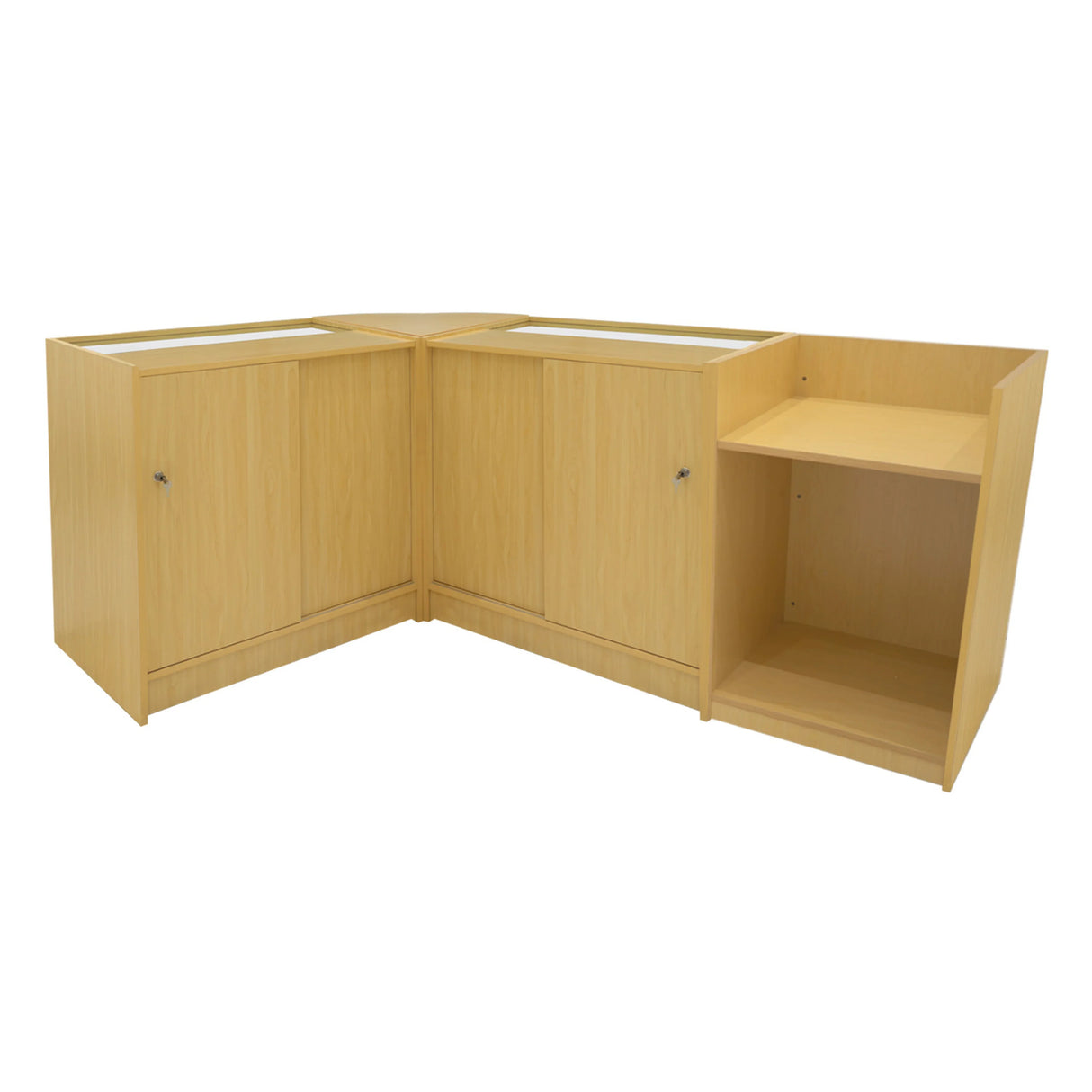 Phoenix LED Shop Counter Set in maple finish featuring sleek design, smooth surfaces, and ample storage with cabinets and shelves