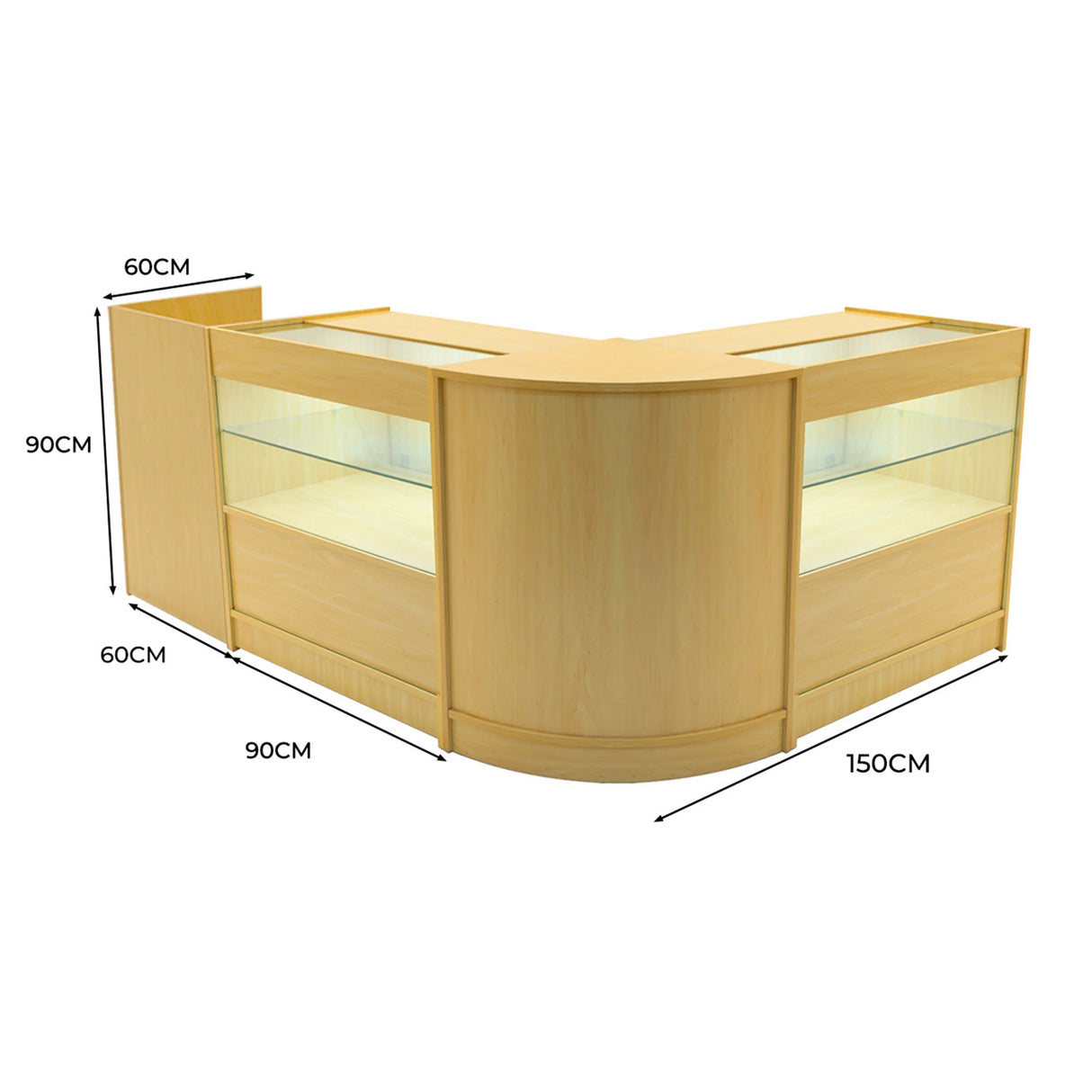 Maple Phoenix LED shop counter set featuring a sleek, curved design with glass display sections, measuring 150cm wide and 90cm high
