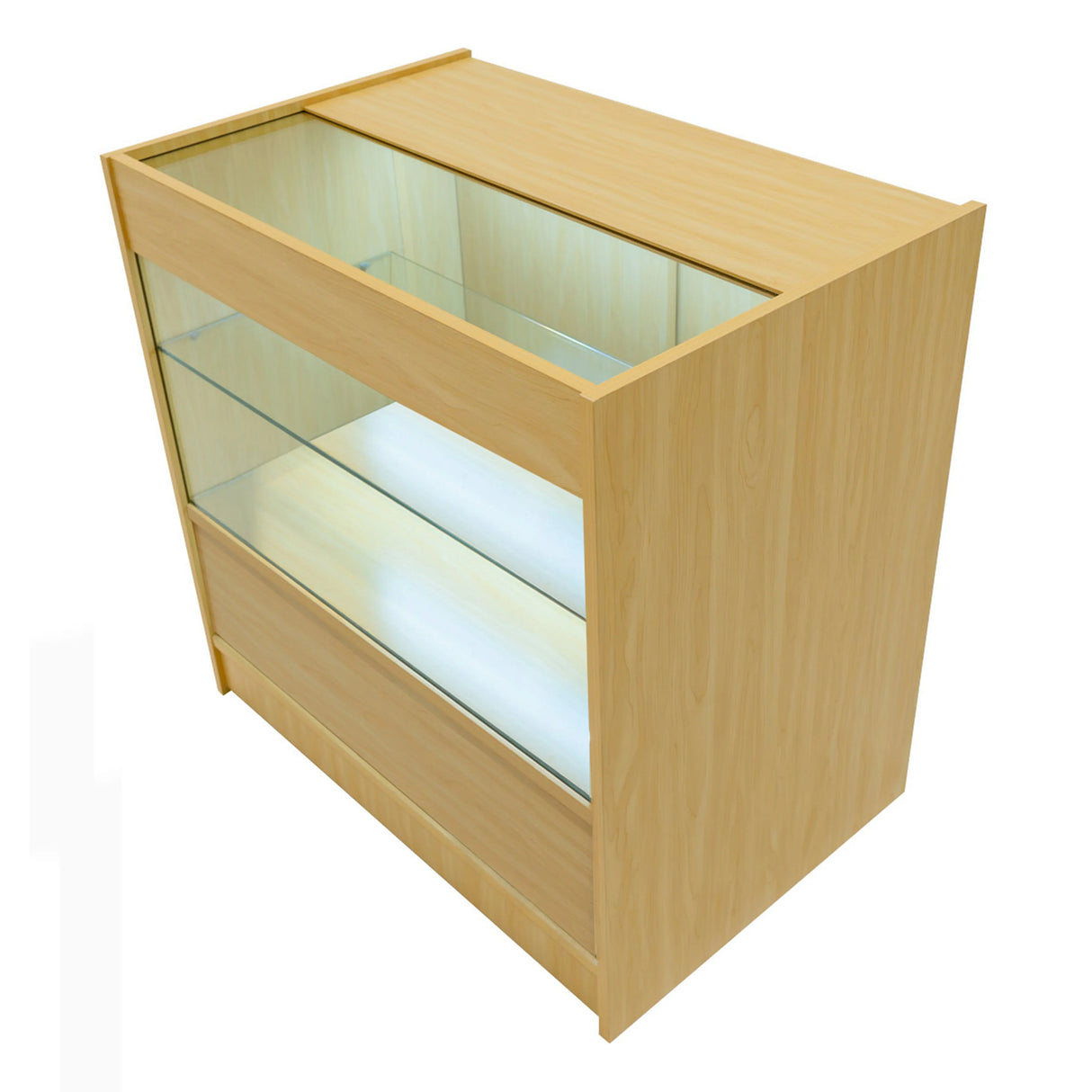 Maple LED shop counter set featuring a sleek design with glass shelves, ideal for displaying products in retail spaces