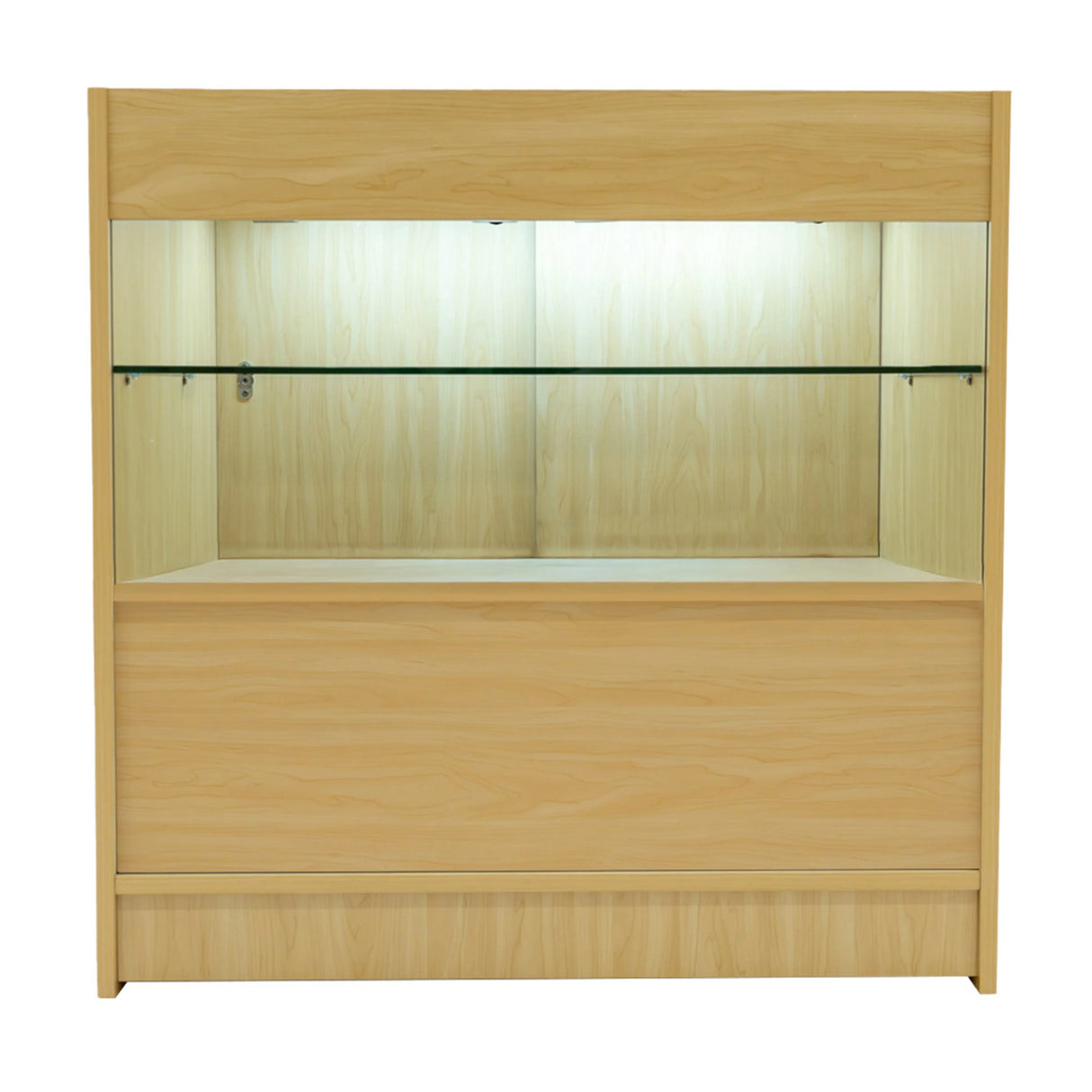 Maple wood Phoenix LED shop counter set featuring a glass shelf, illuminated interior, and sleek design for retail display