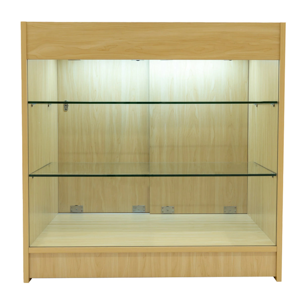 Maple LED shop counter set featuring a sleek design with glass shelves, ideal for displaying merchandise in retail spaces