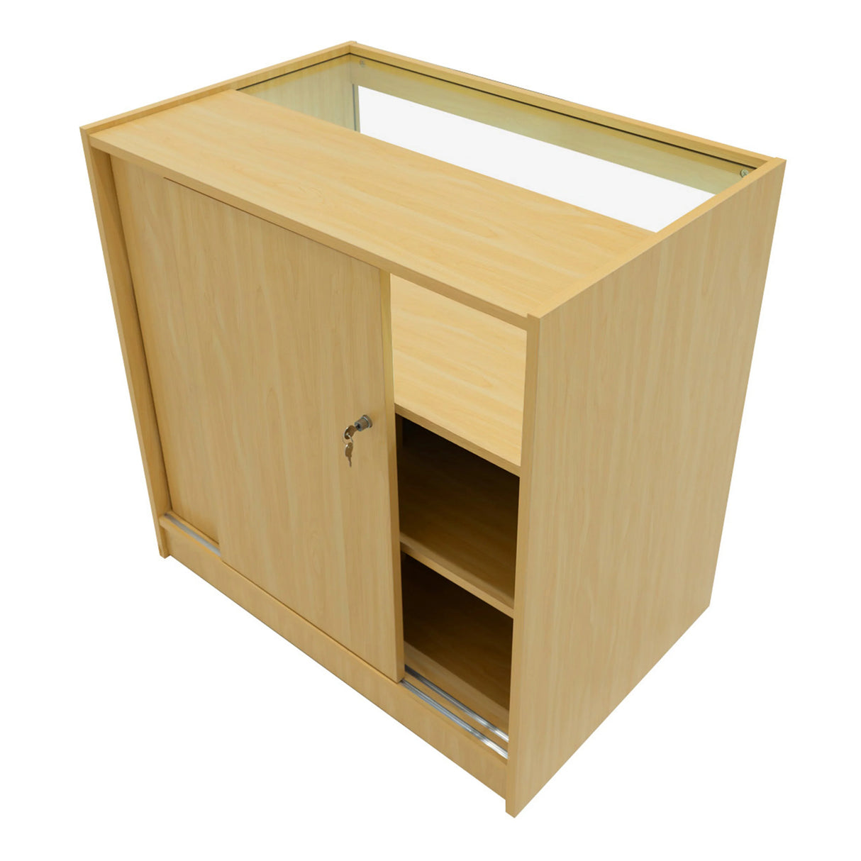 Gravity LED Shop Counter Set in maple finish, featuring a sliding door, glass top, and open shelving for display and storage
